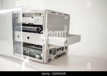 Power Mac G4 Cube, release date July 2000, exhibited at MacPaw's Ukrainian Apple Museum in Kiev, Ukraine on January 26, 2017. Ukrainian developer MacPaw has opened Apple hardware museum at the company’s office in Kiev. The collection has more than 70 original Macintosh models dated from 1981 to 2017. (Photo by Oleksandr Rupeta/NurPhoto) Stock Photo
