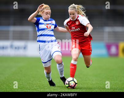 Beth Mead of Arsenal battles for possession with Rachel Rowe of Reading FC Women during Women's Super League 1 match between Reading FC Women against Arsenal at Wycombe Wanderers FC in London, UK on January 28, 2018.(Photo by Kieran Galvin/NurPhoto)  Stock Photo