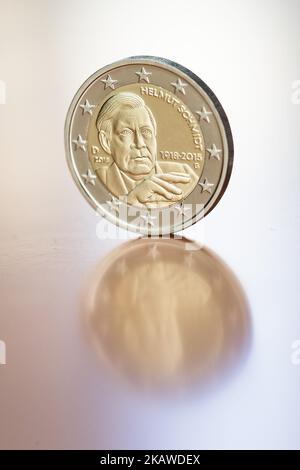 Presentation of new 2 Euro coins with the picture of former Chancellor Helmut Schmidt at the Chancellery in Berlin, Germany on February 2, 2018. (Photo by Emmanuele Contini/NurPhoto)