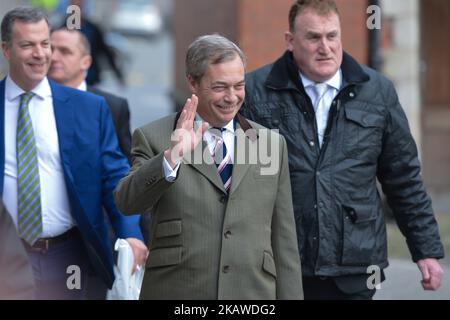 Nigel Farage, a British politician and the former leader of the UK Independence Party, arrives ahead of 'Questions and Answers' meeting with students at Trinity College Historical Society, a discussion on Anglo-Irish relations and the future of Europe. On Friday February 2, 2018, in Dublin, Ireland. (Photo by Artur Widak/NurPhoto) Stock Photo