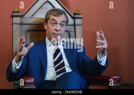 Nigel Farage, a British politician and the former leader of the UK Independence Party, takes part in a Quastions and Answers meeting with students at Trinity College Historical Society on Anglo-Irish relations and the future of Europe. On Friday February 2, 2018, in Dublin, Ireland. (Photo by Artur Widak/NurPhoto) Stock Photo