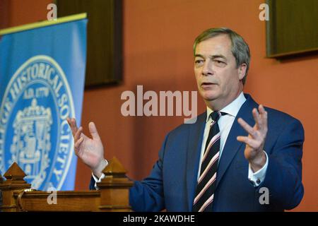 Nigel Farage, a British politician and the former leader of the UK Independence Party, takes part in a Quastions and Answers meeting with students at Trinity College Historical Society on Anglo-Irish relations and the future of Europe. On Friday February 2, 2018, in Dublin, Ireland. (Photo by Artur Widak/NurPhoto) Stock Photo
