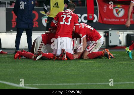 Benfica's Portuguese midfielder Pizzi celebrates with teammates after scoring during the Portuguese League football match SL Benfica vs Rio Ave FC at the Luz stadium in Lisbon, Portugal on February 3, 2018. ( Photo by Pedro FiÃºza/NurPhoto)