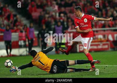 Benfica's Brazilian forward Jonas shoots to score during the Portuguese League football match SL Benfica vs Rio Ave FC at the Luz stadium in Lisbon, Portugal on February 3, 2018. ( Photo by Pedro FiÃºza/NurPhoto)