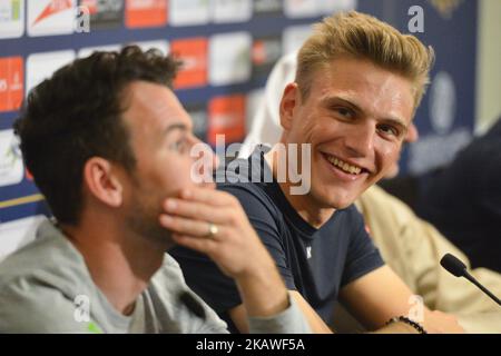 (Left-Right) UK's Mark Cavendish from Dimension Data Team and Germany's Marcel Kittel from Giant–Alpecin Team, during a press conference on the eve of the 2018 Dubai Tour that will take place from 6th to 10th February. On Monday, February 5, 2018, in Dubai, United Arab Emirates. (Photo by Artur Widak/NurPhoto) Stock Photo