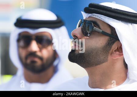 Sheikh Mansour Bin Mohammed Bin Rashid Al Maktoum (Right) seen at the finish line of Dubai Meraas Stage and the final stage of Dubai Tour 2018. On Saturday, February 10, 2018, in Dubai, United Arab Emirates. (Photo by Artur Widak/NurPhoto) Stock Photo