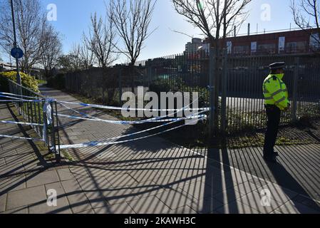 Metropolitan Police are seen as they closed London City Airport and the surrounding, London on February 12, 2018. A bomb of the Second World War has been found in the river Thames. The airport has been closed as the Meteopolitan Police and the Royal Navy are dealing with the unexploded bomb. (Photo by Alberto Pezzali/NurPhoto) Stock Photo