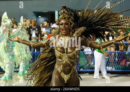 A reveller of the IMPERATRIZ LEOPOLDINENSE samba-swing school performs during the first night of Rio's Carnival at the Sambadrome in Rio, Brazil, on February 12, 2018. (Photo by Gilson Borba/NurPhoto) Stock Photo