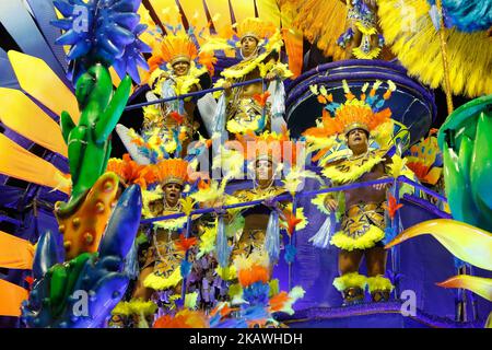 A reveller of the Uniao da Ilha do Governador samba school performs during the first night of Rio's Carnival at the Sambadrome in Rio, Brazil, on February 12, 2018. (Photo by Gilson Borba/NurPhoto) Stock Photo