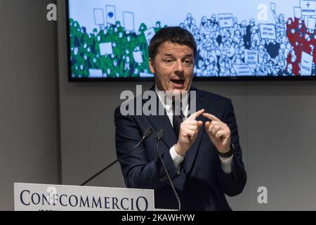 Matteo Renzi, secretary of the Democratic Party, during a meeting with Confcommercio (Italian General Confederation of Enterprises, Professional Activities and Autonomous Work) to present the programme for the party for the upcoming general elections to be held on March 4 on February 14, 2018 in Rome, Italy (Photo by Andrea Ronchini/NurPhoto) Stock Photo