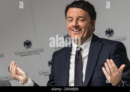 Matteo Renzi, secretary of the Democratic Party, during a meeting with Confcommercio (Italian General Confederation of Enterprises, Professional Activities and Autonomous Work) to present the programme for the party for the upcoming general elections to be held on March 4 on February 14, 2018 in Rome, Italy (Photo by Andrea Ronchini/NurPhoto) Stock Photo