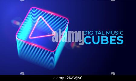 Press to play. Neon glowing digital cube with play icon. 3d cyber start button. Gaming, cinema, music, tv background with glowing play button. Vector Stock Vector