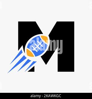 Letter M Rugby Logo Concept With Moving Rugby Ball Icon. Rugby Sports Logotype Symbol Vector Template Stock Vector