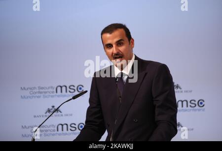 Sheikh Tamin Bin Hamad Al-Thani held a speech at the Munich Security Conference (MSC), at the Bayerischer Hof hotel in Munich, southern Germany, on February 16, 2018.. The MSC is held at the hotel Bayerischer Hof from 16th to 18th February. (Photo by Alexander Pohl/NurPhoto) Stock Photo