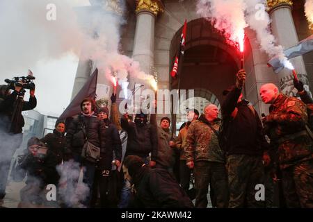 Right-wing activists during their rally in Kiev, Ukraine, February 18, 2018. Supporters and activists of Ukrainian nationalists are protesting against Russian aggression in Ukraine. (Photo by Oleg Pereverzev/NurPhoto) Stock Photo