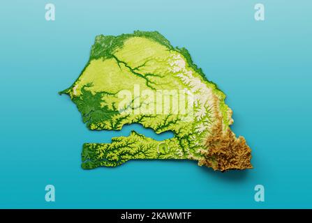 Senegal Map Shaded relief Color Height map on the sea Blue Background 3d illustration Stock Photo