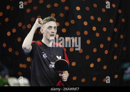 Liam PITCHFORD of England during ITTF World Cup match between Mohamed EL-BEIALI of Egypt and Liam PITCHFORD of England, group 2 and 3 matches on February 23, 2018 in Olympic Park in London. 12 teams compete in the tournament. (Photo by Dominika Zarzycka/NurPhoto) Stock Photo