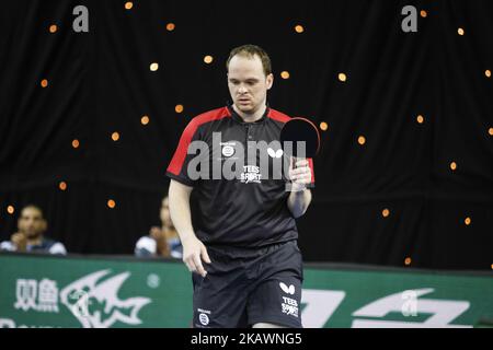 Paul DRINKHALL of England during ITTF World Cup match between Ahmed SALEH of Egypt and Paul DRINKHALL, group 2 and 3 matches on February 23, 2018 in Olympic Park in London. 12 teams compete in the tournament. (Photo by Dominika Zarzycka/NurPhoto) Stock Photo