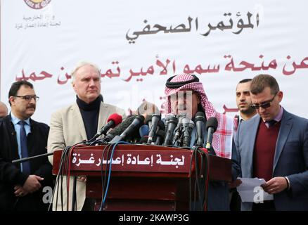 Qatar's Ambassador to the Palestinian Authority, Mohammed Al Emadi speaks during a press conference at al-Shifa hospital to announce about the granting of Qatar's Emir Sheikh Tamim bin Hamad Al-Thani, in Gaza city on February 19, 2018(Photo by Momen Faiz/NurPhoto)