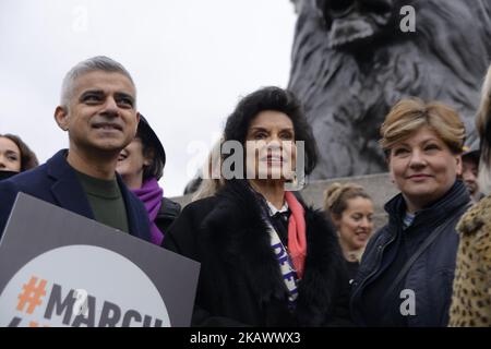 Mayor of London Sadiq Khan (L) and Bianca Jagger (C) pose during the March4Women event, London on March 4, 2018. Demonstrators march through central London today with calls for an end to gender-based discrimination in the workplace. The event celebrates the upcoming International Women's Day, on March 8th, and marks 100 years since the first women in the UK gained the right to vote. (Photo by Alberto Pezzali/NurPhoto) Stock Photo