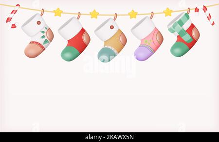3D Christmas Santa Claus Stocking or Stock Greeting Card. Xmas Decorations on White Background with Place for Text. Shiny Plastic Illustration Stock Vector