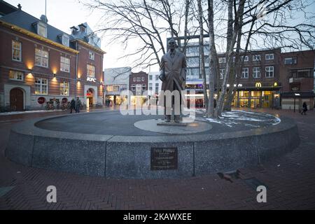 Statue of Frits Philips in Eindhoven city, The Netherlans, on 5 March 2018. The snow covered center of Eindhoven city in The Netherlands on 3-5 March 2018. Storm Emma collides with the 'Beast of the East. Europe severe weather with some human casualties across the continent. (Photo by Nicolas Economou/NurPhoto) Stock Photo