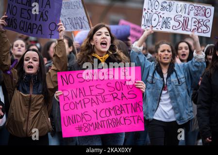 Women shouting angry slogans during the International Women's Day in Madrid on 8th March, 2018. Women demand equal working rights and an end to violence against women in Spanish society. Spain celebrates International Women's Day today with an unprecedented general strike in defence of their rights that will see hundreds of trains cancelled and countless protests scheduled throughout the day. (Photo by Isa Saiz/NurPhoto) Stock Photo