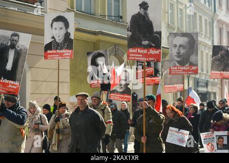 Celebrations of the 'Cursed Soldiers' Day in Krakow. The 'Cursed soldiers' (Polish: Zolnierze wykleci) applied to a variety of Polish anti-Soviet or anti-communist Polish resistance movements formed in the later stages of World War II and its aftermath by some members of the Polish Underground State. On Sunday, March 4, 2018, in Krakow, Poland. (Photo by Artur Widak/NurPhoto)  Stock Photo