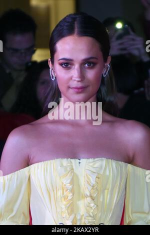 Actress Alicia Vikander is seen poses during the red carpet of the 'Tomb Raider' film premiere at Oasis Coyoacan on March 10, 2018 in Mexico City, Mexico (Photo by Carlos Tischler/NurPhoto) Stock Photo