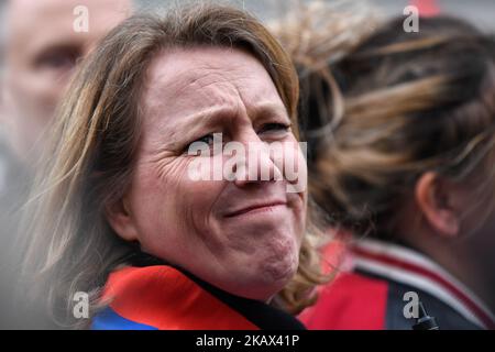 Front de gauche member Danielle Simonet attends a demonstration in front of the Palace of Justice while CGT union's members are to be judged on appeal for the episode of the “torn shirt”. (Photo by Julien Mattia/NurPhoto) Stock Photo