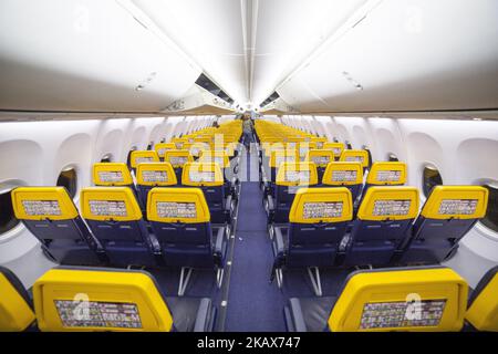 Interior of Ryanair airplanes as seen in Thessaloniki International Airport 'Makedonia' on March 17, 2018. Ryanair operates a fleet of 420 Boeing, 419 Boeing 737-800 and 1 737-700. Ryanair has an order of 160 more airplanes, including 110 Boeing's next generation Boeing 737 MAX 200. Thessaloniki airport is the second busiest in Greece, in 2017 more than 6 million passengers traveled from the airport. It was state owned but nowadays it is operated by FRAPORT. Ryanair uses Thessaloniki airport as a hub and has airplanes staying there overnight, with local crew. (Photo by Nicolas Economou/NurPhot Stock Photo