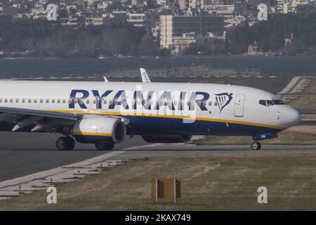 Ryanair airplanes as seen in Thessaloniki International Airport 'Makedonia' on March 17, 2018. Ryanair operates a fleet of 420 Boeing, 419 Boeing 737-800 and 1 737-700. Ryanair has an order of 160 more airplanes, including 110 Boeing's next generation Boeing 737 MAX 200. Thessaloniki airport is the second busiest in Greece, in 2017 more than 6 million passengers traveled from the airport. It was state owned but nowadays it is operated by FRAPORT. Ryanair uses Thessaloniki airport as a hub and has airplanes staying there overnight, with local crew. (Photo by Nicolas Economou/NurPhoto) Stock Photo