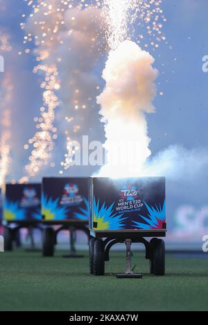 SCG, NSW, Australia: 3rd November 2022;  T20 World Cup Cricket, Pakistan versus South Africa: Pyrotechnics as the players enter the field of play Stock Photo