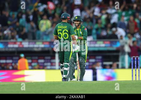 SCG, NSW, Australia: 3rd November 2022;  T20 World Cup Cricket, Pakistan versus South Africa: Babar Azam and Mohammad Haris of Pakistan touch gloves Stock Photo