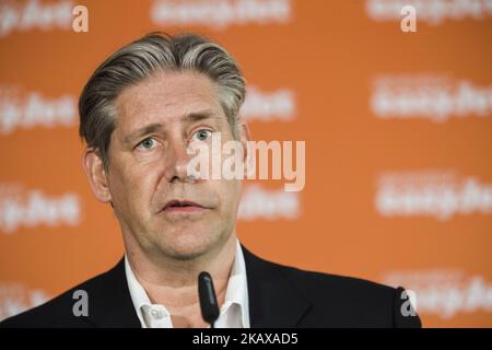 Easyjet-CEO Johan Lundgren is pictured during a news conference at Tegel airport in Berlin, Germany on March 27, 2018. The airline Easyjet presented today the summer flight plan. Starting from this summer season the airline will become the biggest actor in Berlin with over 16 millions seats offer per year. (Photo by Emmanuele Contini/NurPhoto) Stock Photo