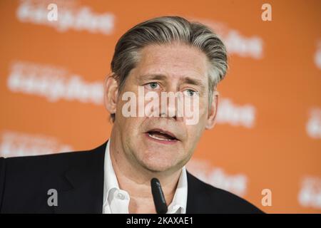 Easyjet-CEO Johan Lundgren is pictured during a news conference at Tegel airport in Berlin, Germany on March 27, 2018. The airline Easyjet presented today the summer flight plan. Starting from this summer season the airline will become the biggest actor in Berlin with over 16 millions seats offer per year. (Photo by Emmanuele Contini/NurPhoto) Stock Photo