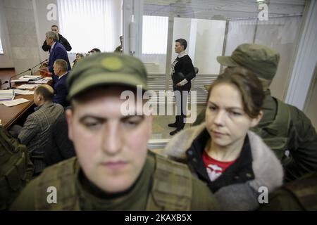 Arrested in accusation of terrorism MP Nadia Savchenko is seen in the court cage during the hearing in Kyiv, Ukraine, March 29, 2018. Appeal Court of Kyiv hears the case on Nadia Savchenko arrest. (Photo by Sergii Kharchenko/NurPhoto) Stock Photo