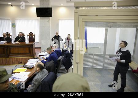 Arrested in accusation of terrorism MP Nadia Savchenko is seen in the court cage during the hearing in Kyiv, Ukraine, March 29, 2018. Appeal Court of Kyiv hears the case on Nadia Savchenko arrest. (Photo by Sergii Kharchenko/NurPhoto) Stock Photo