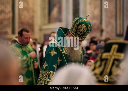 Orthodox believers during service in St. Isaac's Cathedral on Palm Sunday. Saint Petersburg, Russia 01 april 2018 (Photo by Valya Egorshin/NurPhoto) Stock Photo
