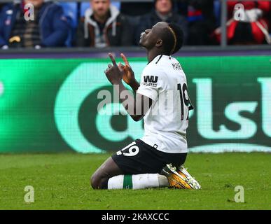 Liverpool's Sadio Mane celebrates scoring his sides first goal during the Premiership League match between Crystal Palace and Liverpool at Wembley, London, England on 31 March 2018. (Photo by Kieran Galvin/NurPhoto) Stock Photo