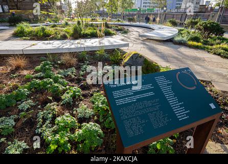 Manchester UK. 3rd of November 2022, The second report into the Manchester Arena bombing was published today 3rd November 2022.The Glade of Light near Manchester Cathedral is a memorial commemorating the victims of the 22 May 2017 terrorist attack at Manchester Arena. The memorial lists and honours the 22 people whose lives were taken, as well as remembering everyone who was left injured or affected. Picture Gary Roberts/worldwidefeatures.com Stock Photo