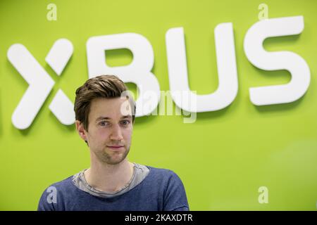 Flixbus CEO Jochen Engert meets the Foreign Journalists Association in Berlin, Germany on April 4, 2018. After starting its services in 2013 in Germany, the company has become active in 27 European countries and leader in the market, bulding up a network of about 300 middle-sized partner transportation companies. Flixbus plans expand into the US market starting this year and it's developing with a Chinese company E-Buses for long destination travels. (Photo by Emmanuele Contini/NurPhoto) Stock Photo