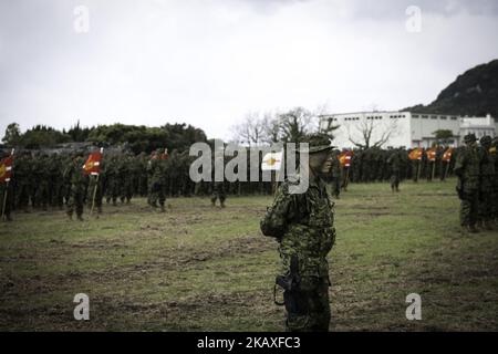 Soldiers of Japanese Ground Self-Defense Force (JGSDF) called The Amphibious Rapid Deployment Brigade attend a ceremony in Camp Ainoura in Sasebo, Nagasaki Prefecture, Japan on April 7, 2018. (Photo by Richard Atrero de Guzman/NurPhoto) Stock Photo