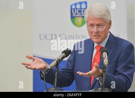 Former US President Bill Clinton delivers keynote address to mark the 20th anniversary of the signing of the Good Friday Agreement, at O'Brien Centre for Science, UCD, in Dublin. On Monday, April 9, 2018, in Dublin, Ireland. (Photo by Artur Widak/NurPhoto)  Stock Photo