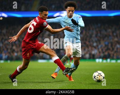 Liverpool's Trent Alexander-Arnold and Manchester City's Leroy Sane during the UEFA Champions League Quarter Final Second Leg match between Manchester City and Liverpool at Etihad Stadium on April 10, 2018 in Manchester, England. (Photo by Kieran Galvin/NurPhoto)  Stock Photo