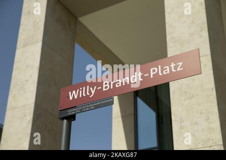 A shield reading Willy-Brandt-Platz is pictured by the entrance of the under construction Berlin-Brandenburg BER airport in Schoenefeld, Germany on April 10, 2018. Berlin's new international airport, situated close to Schoenefeld airport, is due to start its operations in October 2020 after the opening date was shifted several times from the initial mid 2012. (Photo by Emmanuele Contini/NurPhoto) Stock Photo
