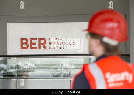 The logo of BER is pictured during a visit to the under construction Berlin-Brandenburg BER airport with the Foreign Press Association in Schoenefeld, Germany on April 10, 2018. Berlin's new international airport, situated close to Schoenefeld airport, is due to start its operations in October 2020 after the opening date was shifted several times from the initial mid 2012. (Photo by Emmanuele Contini/NurPhoto) Stock Photo