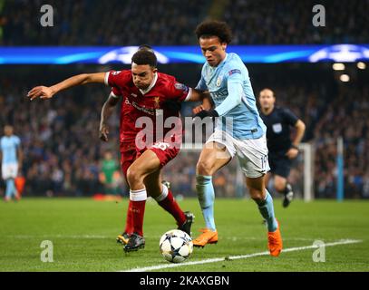 Liverpool's Trent Alexander-Arnold and Manchester City's Leroy Sane during the UEFA Champions League Quarter Final Second Leg match between Manchester City and Liverpool at Etihad Stadium on April 10, 2018 in Manchester, England. (Photo by Kieran Galvin/NurPhoto)  Stock Photo