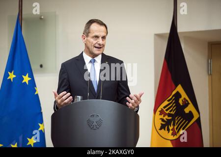President of the German Olympic Sports Confederation (DOSB) Alfons Hoermann speaks during a ceremony to honour the members of the Bundeswehr who attended the Winter Olympic Games in Pyeongchang at the Ministry of Defence in Berlin, Germany on April 12, 2018. (Photo by Emmanuele Contini/NurPhoto) Stock Photo