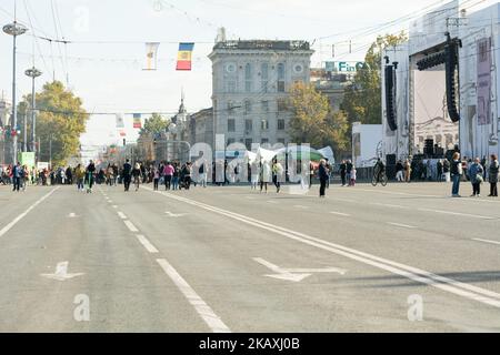 Chisinau, Moldova - October 15, 2022: People walk along The Great National Assembly Square on City Day holiday Stock Photo